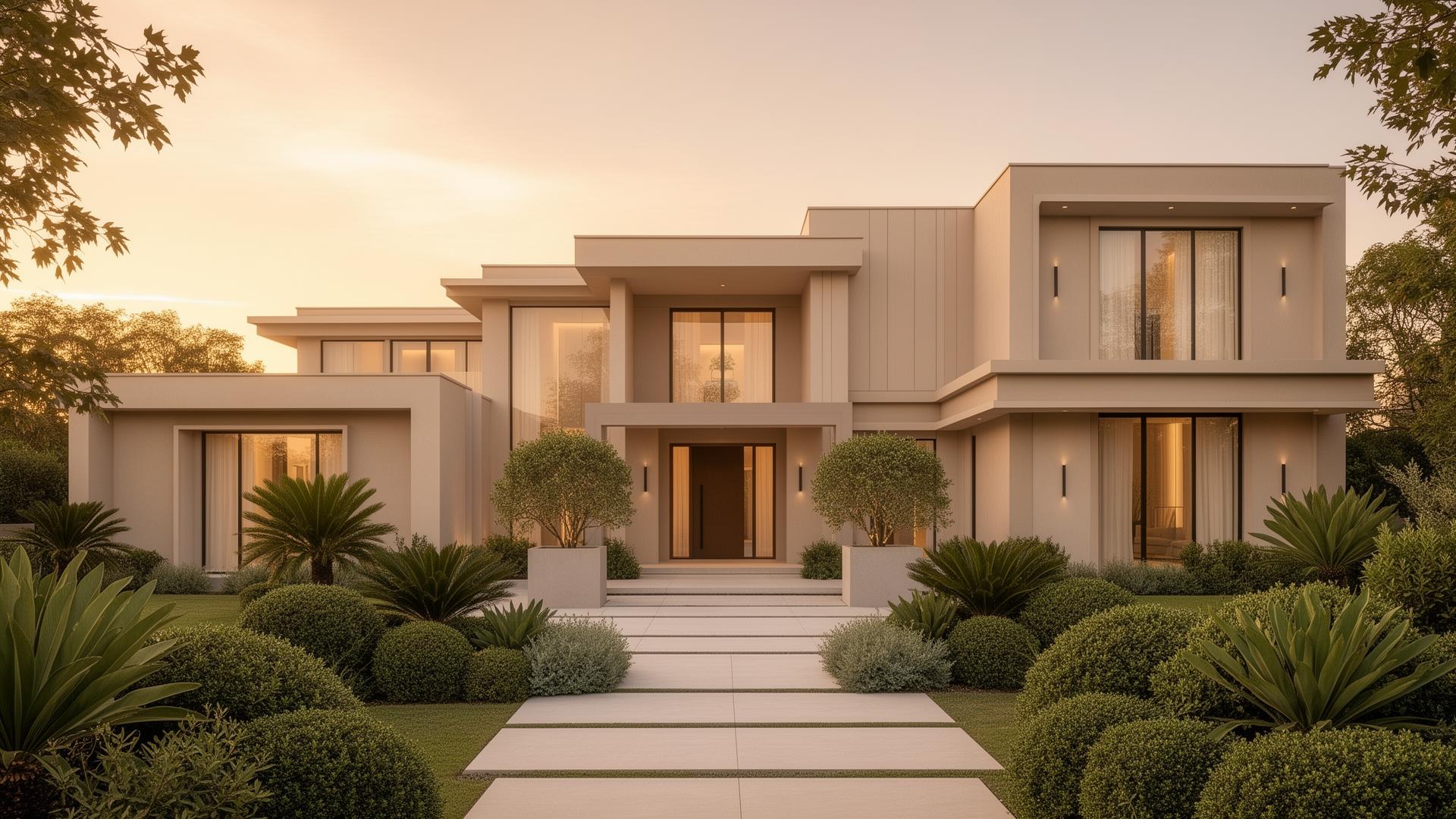 Modern luxury home at golden hour